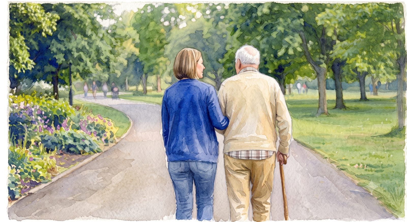 Begleiterin und ältere Person beim gemeinsamen Spaziergang an der frischen Luft